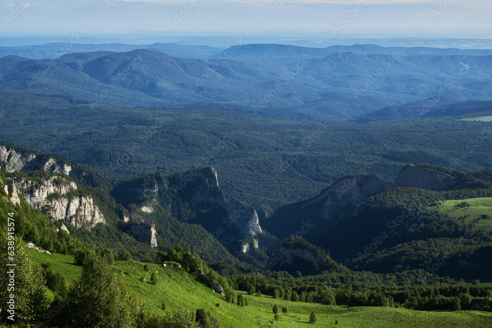 Big Thach mountain range. Summer landscape Mountain with rocky peak. Russia, Republic of Adygea, Big Thach Nature Park, Caucasus