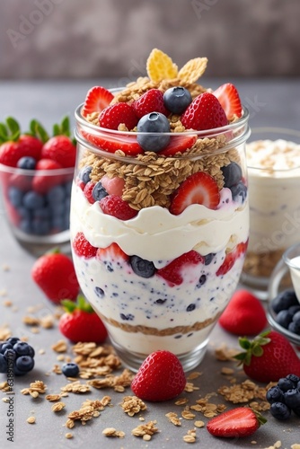 Yogurt Parfait with strawberries, blueberries, raspberries and Granola