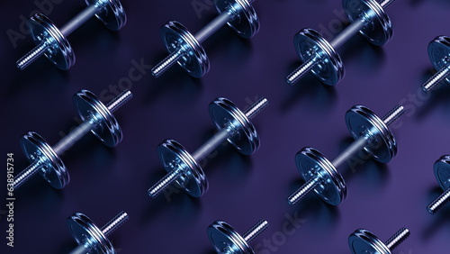 Sports silver dumbbell gym fitness, healthy lifestyle. 3d render