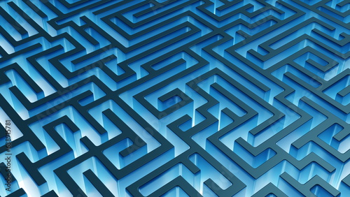 Fototapeta Naklejka Na Ścianę i Meble -  Labyrinth glow blue maze structure confusing way to the exit. Breaking the deadlock. 3d render
