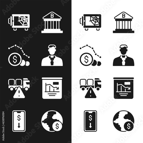Set Worker, Dollar rate decrease, Safe, Bank building, Stop delivery cargo truck, Pie chart infographic, Global economic crisis and Mobile stock trading icon. Vector