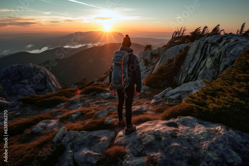 A male boy hiker traveler man stands at the summit of a mountain chase looking at a beautiful stunning amazing view of the ocean sunrise or sunset. Freedom and travel concept. Generative AI Technology