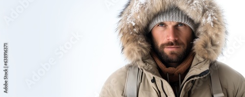 Serious Caucasian Man in Winter Clothing on a White Background with Space for Copy.