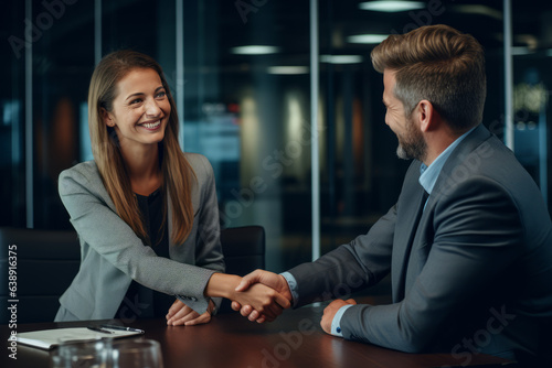 Happy business woman manager handshaking at office meeting. Smiling female hr hiring recruit at job interview, bank or insurance agent, lawyer making contract deal with client at work. Generative AI.