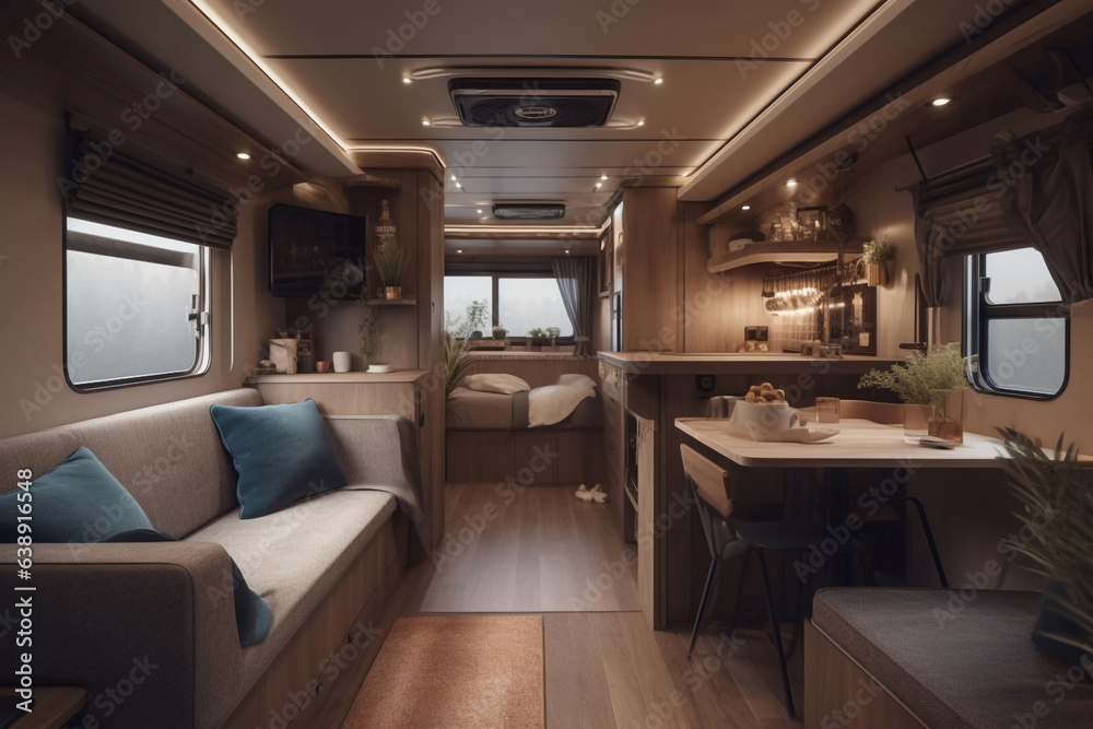 Relaxation areas for road travel. Travel transport and entertainment concept. Cosy Interior of motor home camping car, furnishing decor of salon area, comfortable modern caravan house. Generative AI