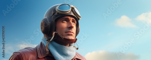 Vintage Aviator with Leather Helmet on a Sky Blue Background with Space for Copy.