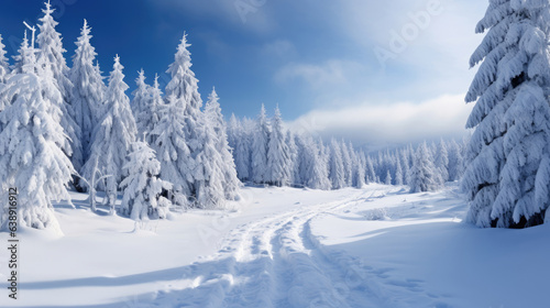 Winter landscape with fair trees under the snow. Scenery for the tourists. Christmas holidays. Trampled path in the snowdrifts.