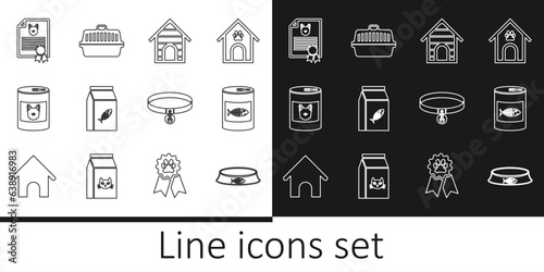 Set line Pet food bowl, Canned for cat, Dog house, Bag of, dog, Certificate, Collar with name tag and carry case icon. Vector