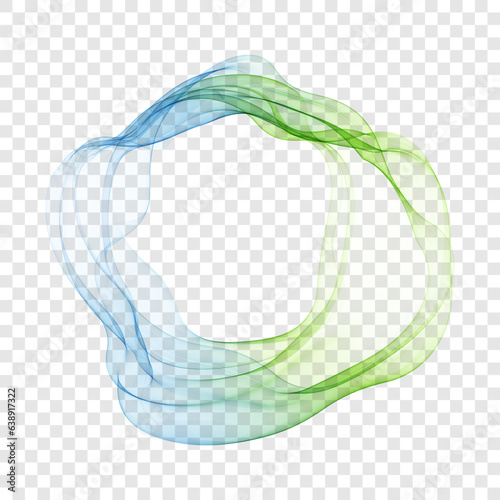 Abstract blue-green design element with wavy lines in the shape of an ellipse.