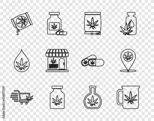Set line Shopping cart with marijuana, Cup tea, Marijuana or cannabis seeds, Medical bottle, and store, Test tube and Location icon. Vector