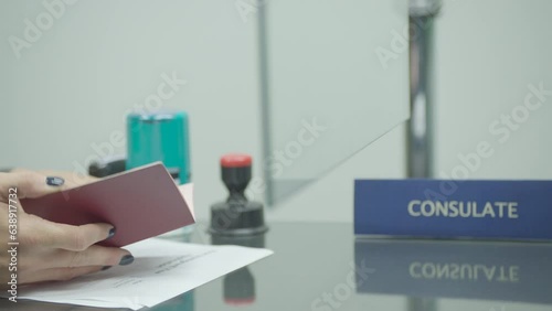 State officer checking passport and documents at consulate center