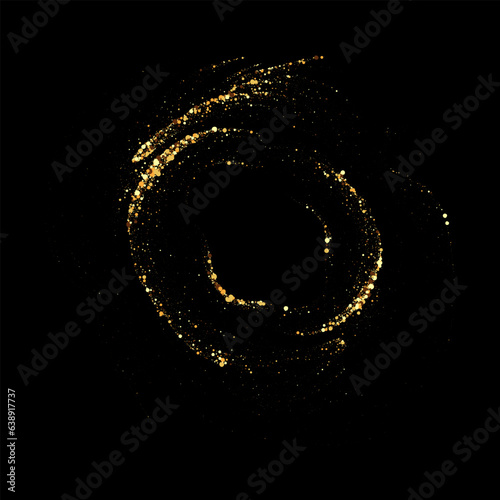 Black background with gold glitter confetti in a circle. Abstract vector holiday design element.