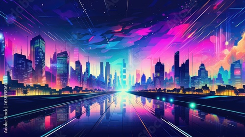 A mesmerizing retro wave scene of a city skyline illuminated by neon lights and vibrant colors.