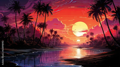 A dynamic retro wave landscape featuring palm trees silhouetted against a sunset sky, bathed in neon pinks and purples.