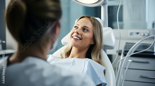 A smiling woman sitting in a dentist's chair. AI generative.
