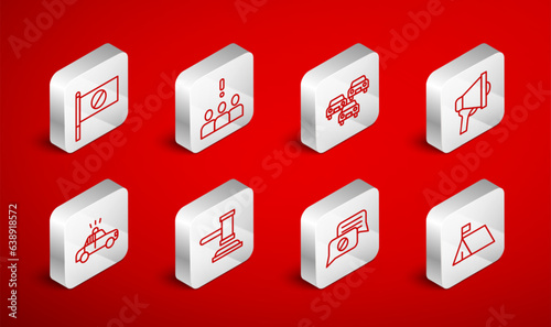 Set line Protest camp, Crowd protest, Traffic jam, Megaphone, Speech bubble chat, Judge gavel and Police car and flasher icon. Vector