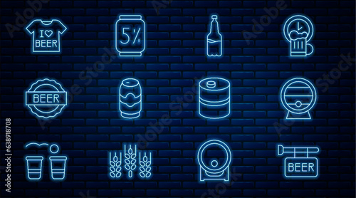 Set line Street signboard with Beer, Wooden barrel on rack, Plastic beer bottle, can, Bottle cap, T-shirt, Metal keg and icon. Vector