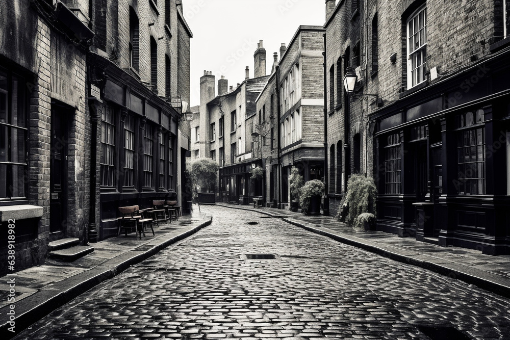 Old black and white street photographs from the Victorian era. AI generative. - obrazy, fototapety, plakaty 