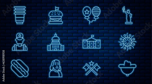 Set line Western cowboy hat, Firework, Balloons, White House, Sheriff, Paper glass, United States Capitol Congress and Burger icon. Vector