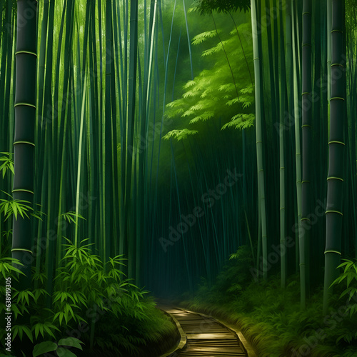 Bamboo forest morning view. Bamboo Bliss  an art piece capturing the tranquil beauty of a bamboo forest. a lush bamboo forest with rays of sunlight filtering through the dense foliage..