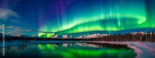 northern lights in the sky above mountain landscape with lake  banner