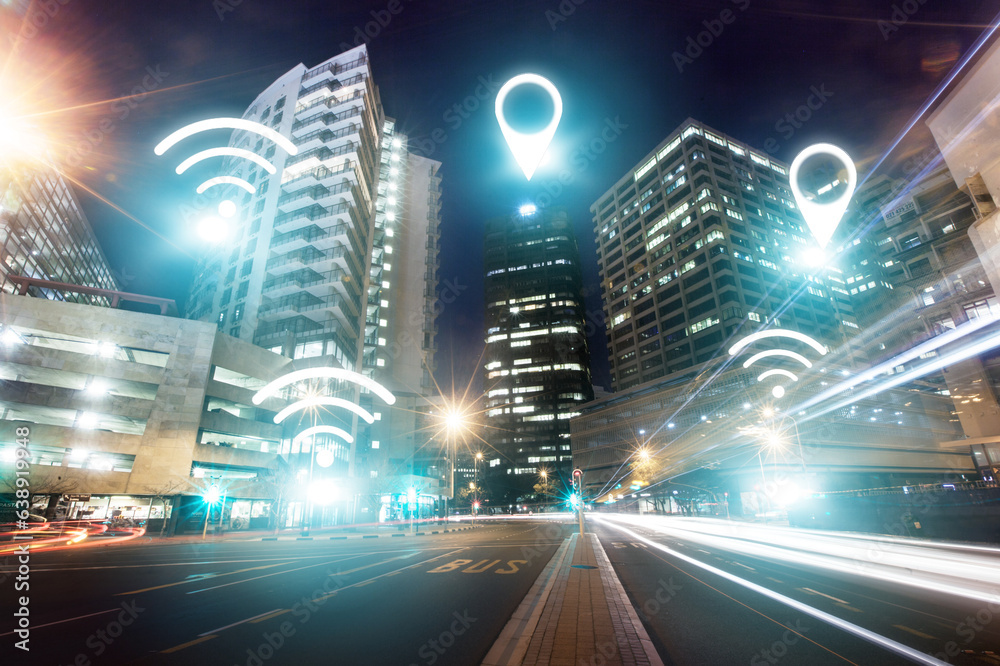 City street, internet and night, wireless connectivity with building, technology abstract and communication. Pin location, connection and urban landscape, light with cyber and digital transformation