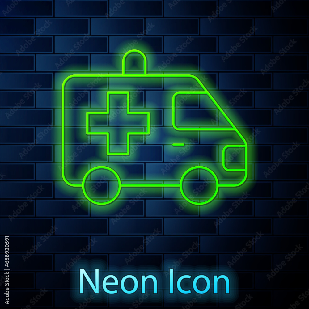 Glowing neon line Ambulance and emergency car icon isolated on brick wall background. Ambulance vehicle medical evacuation. Vector Glowing neon line Ambulance and emergency car icon isolated on brick wall background. Ambulance vehicle medical evacuation. Vector