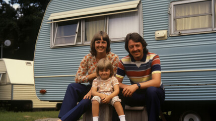 Vintage image of a seventies family sat outside a caravan , 1970s aged photo, Hippie group around 1970