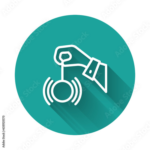 White line Hypnosis icon isolated with long shadow background. Human eye with spiral hypnotic iris. Green circle button. Vector