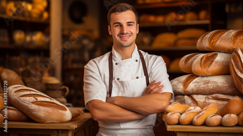 European french baker portrait inside his bakery surrounded by many types of bread and baguette