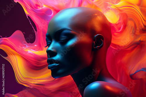 Black bald beautiful woman portrait surrounded by colorful smoke and splashes