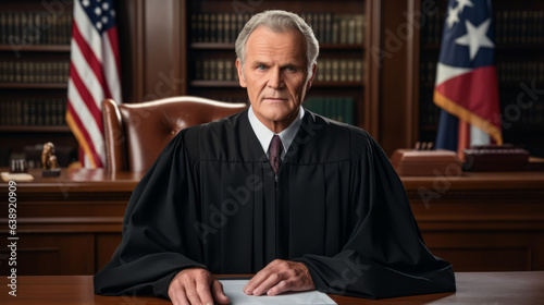 American judge sit behind the judge's bench wearing a black gown , US court judgment or America justice concept image photo