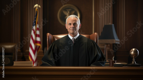 American judge sit behind the judge's bench wearing a black gown , US court judgment or America justice concept image