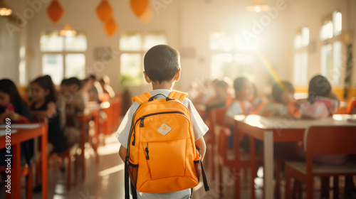 Back view of a boy kid entering the classroom with his backpack , back to school concept image