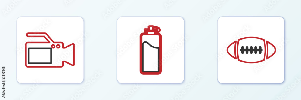 Set line American Football ball, Cinema camera and Sport bottle with water icon. Vector Set line American Football ball, Cinema camera and Sport bottle with water icon. Vector