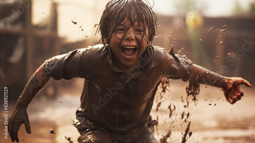 a child gleefully jumping into a puddle of mud