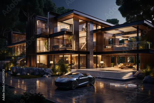 A professional real estate broker showcasing a luxurious property to potential buyers, capturing the essence of the real estate market. Generative AI © bluebeat76