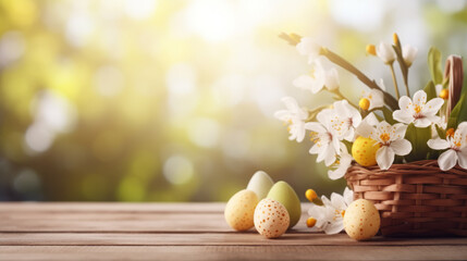 Wooden table with easter or spring theme blurred background , eggs and colorful flowers with copy space