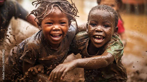 a child gleefully jumping into a puddle of mud photo