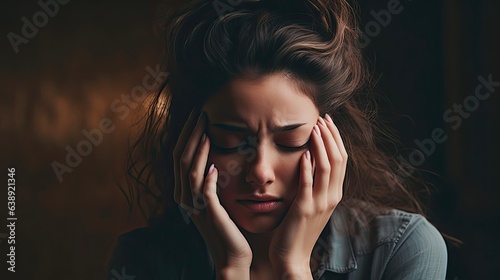 Migraine Portrait of Young Woman Suffering from Cephalalgia due to Stress and Head Pain. Health and Medical Concept photo