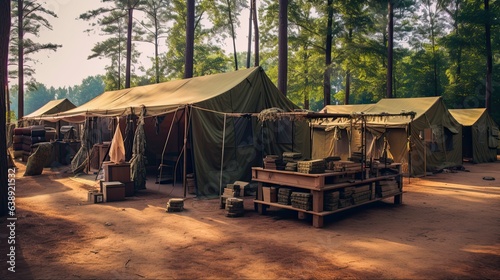 Built to Last: Army Camp with Camouflage Burlap Backpacks and Barracks Footed for Camping
