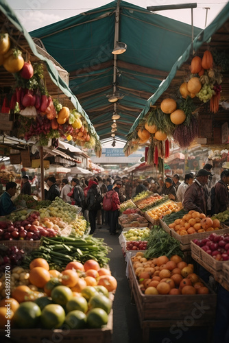 fruits and vegetables at a busy market at the coast
