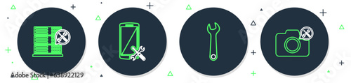 Set line Smartphone service, Wrench, Database server and Photo camera icon. Vector