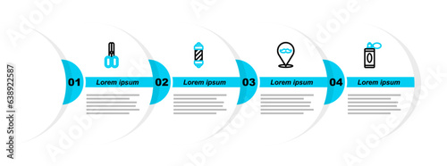 Set line Aftershave bottle with atomizer, Barbershop, Classic pole and Scissors hairdresser icon. Vector