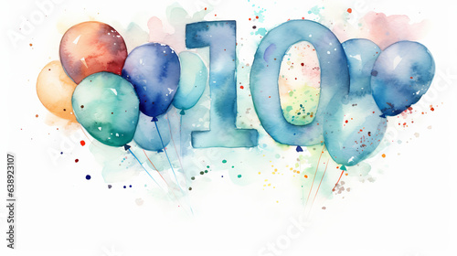 Watercolor 10th birthday clip art with 10 figures and balloons isolated on white background