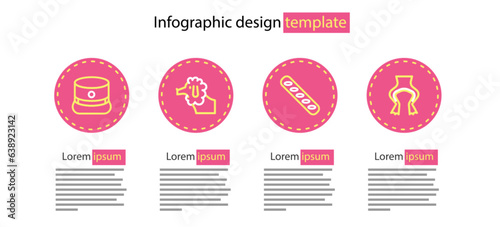 Set line French baguette bread, Frog legs, Poodle dog and Kepi icon. Vector