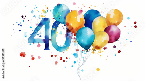 Watercolor 40th birthday clip art with 40 figures and balloons isolated on white background photo