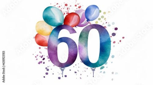 Watercolor 60th birthday clip art with 60 figures and balloons isolated on white background photo