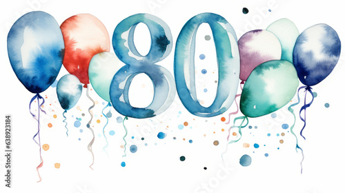 Watercolor 80th birthday clip art with 80 figures and balloons isolated on white background photo