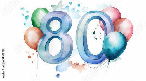 Watercolor 80th birthday clip art with 80 figures and balloons isolated on white background photo